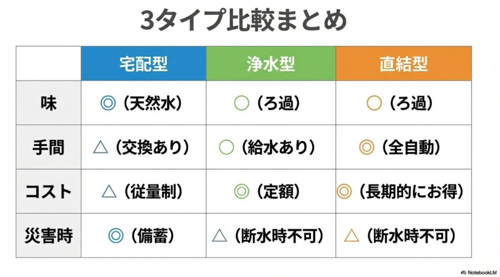 味、手間、コスト、災害時の4項目で宅配型・浄水型・直結型をランク付けした比較表