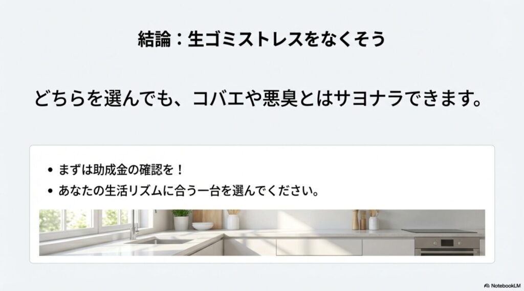 どちらを選んでも悪臭やコバエから解放されること、生活リズムに合う一台を選んでほしいというメッセージが書かれた結論スライド。