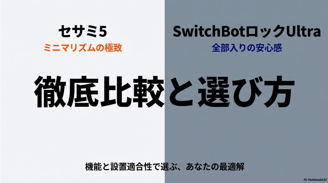セサミ5とSwitchBotロックUltraのコンセプトの違いを天秤で表現した比較イメージ画像。