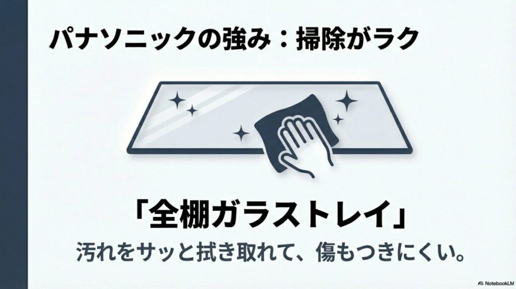 パナソニック冷蔵庫の庫内棚がすべてガラストレイで、汚れをサッと拭き取れる掃除のしやすさを説明するイラスト。