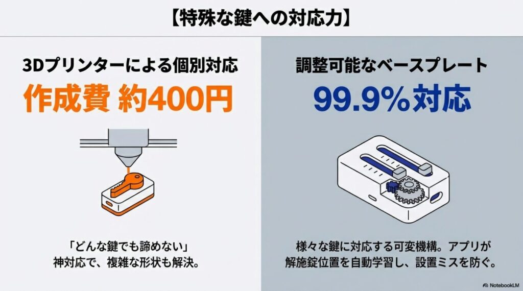 セサミの3Dプリンターによる個別アダプター作成と、SwitchBotの可変機構ベースプレートによる対応力の比較。