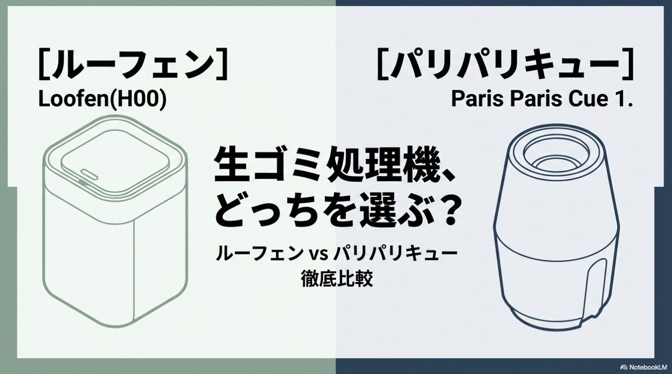 ルーフェン（Loofen）とパリパリキュー（Paris Paris Cue）のイラストが描かれた、徹底比較ガイドの表紙スライド。