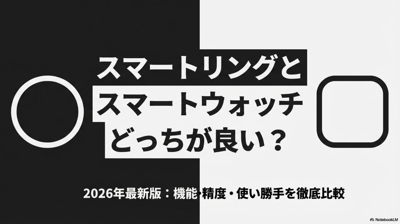 スマートリングとスマートウォッチ、どちらが良いか？睡眠、運動、充電、決済の4つの視点で2026年最新版の徹底比較を開始する導入スライド。