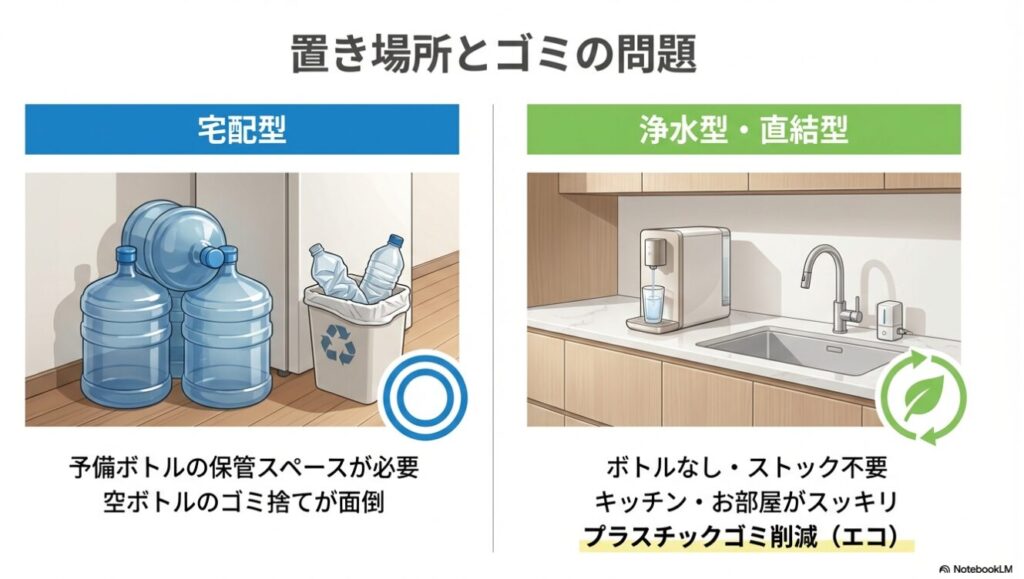 宅配ボトルの保管場所問題と、水道水タイプによるプラスチックゴミ削減のメリット