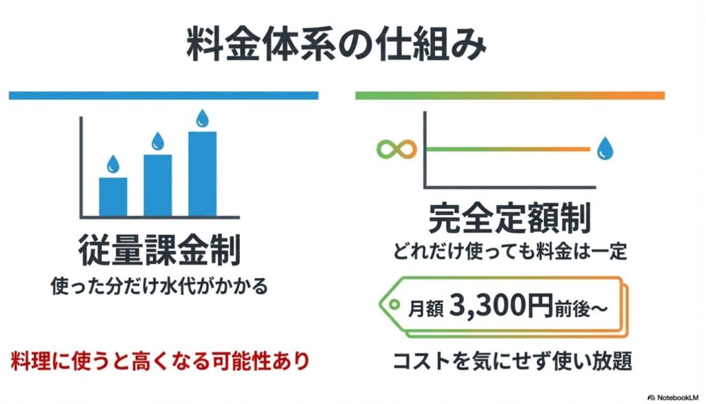使った分だけ払う宅配型と、定額で使い放題の浄水・直結型のコスト構造の違いを示すグラフ