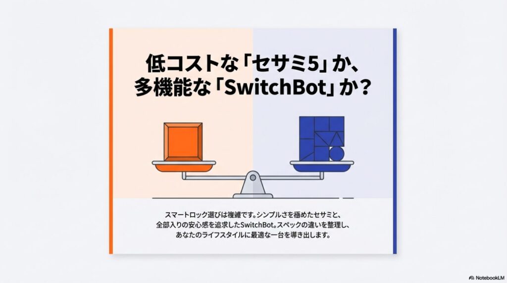 セサミ5の約3,828円という低価格と、SwitchBotロックUltraの約22,980円という全部入りの価値を比較したスライド。