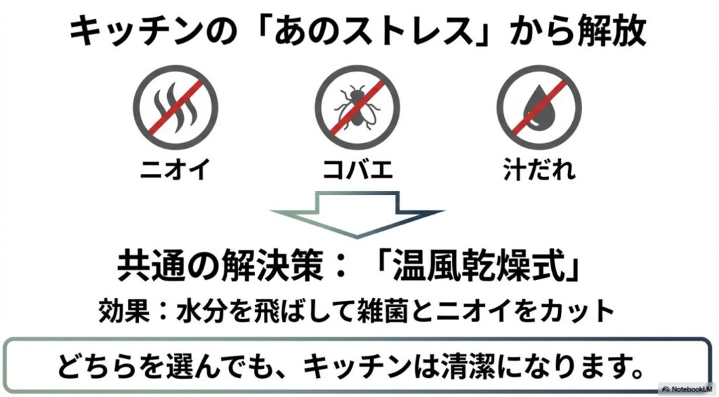 温風乾燥式によって生ゴミの水分を飛ばし、ニオイ、コバエ、汁だれといったキッチンのストレスを解消する仕組みの解説スライド。