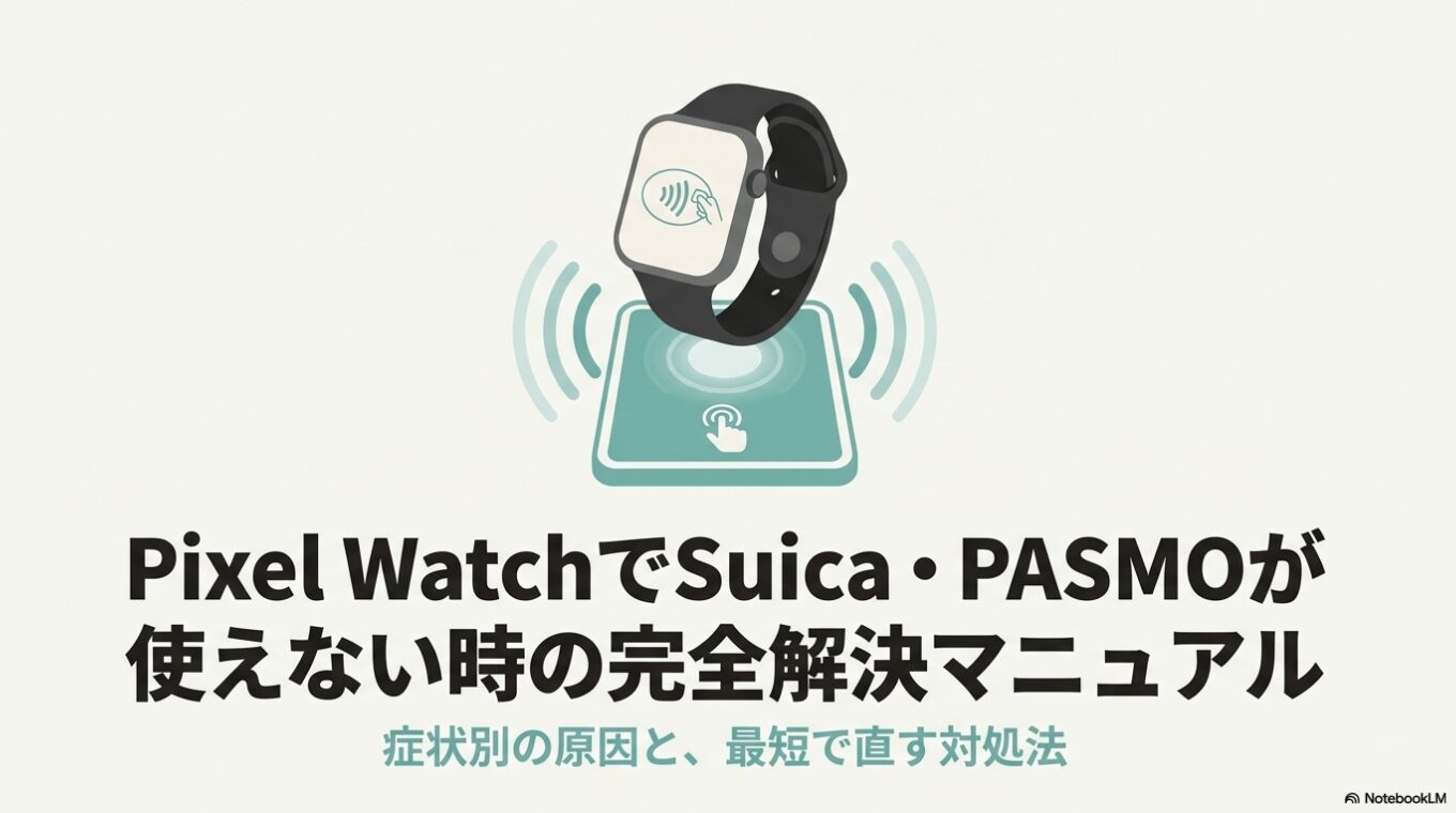 Pixel WatchでSuicaやPASMOが使えない、反応しない原因を解説するタイトルのスライド画像。