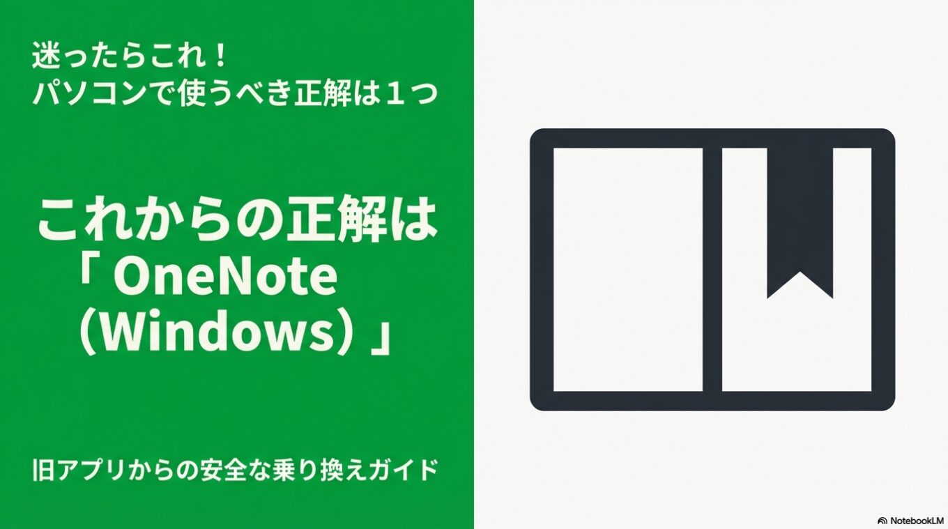 パソコンで使うべきOneNoteの正解は「OneNote (Windows)」であることを伝えるタイトルスライド。
