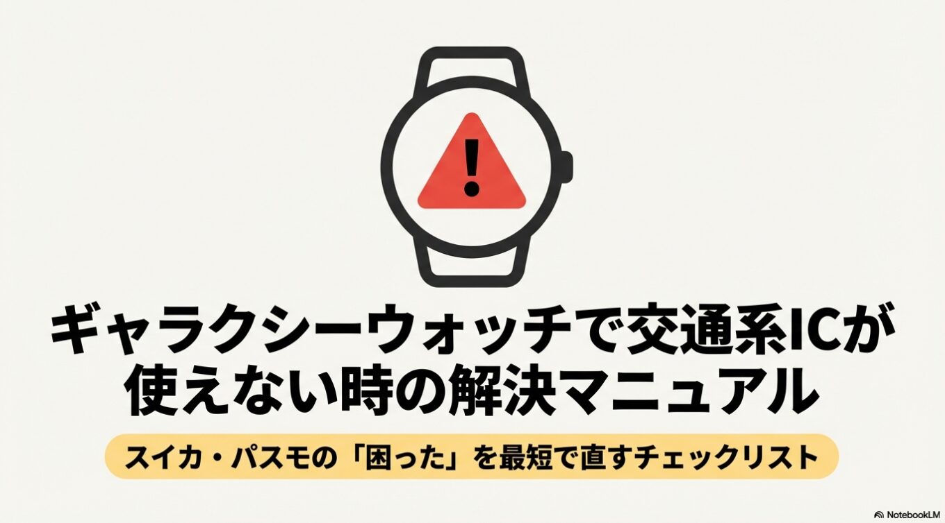 Galaxy WatchでSuicaやPASMOが使えない際の主な原因（非対応機種、Googleウォレットの未更新、複数アカウント、移行ミス、タッチ位置）をまとめたスライド画像。